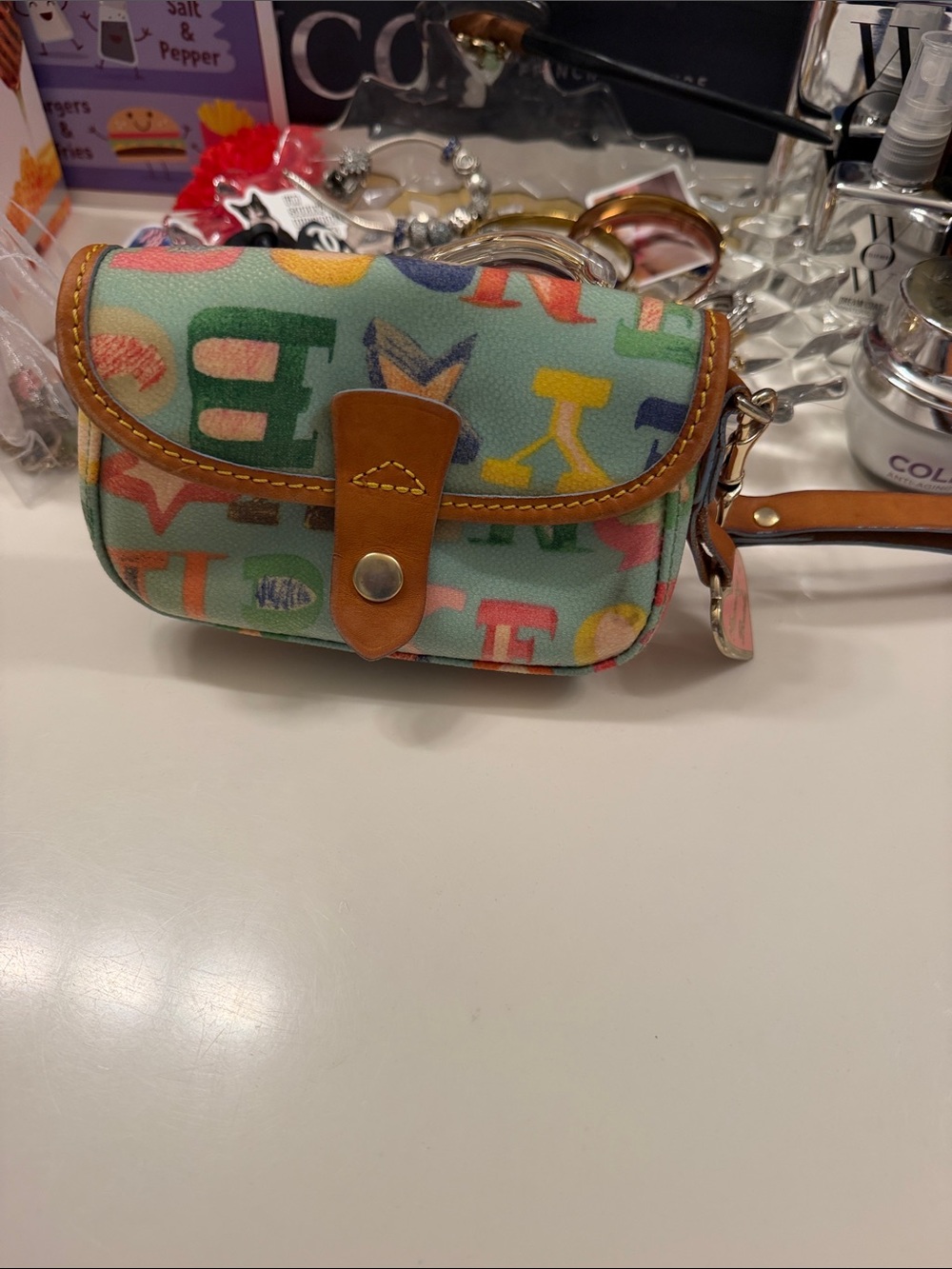 LOW START ‼️Dooney & Bourke Multicolor Alphabet Print Wristlet Pouch with Brown